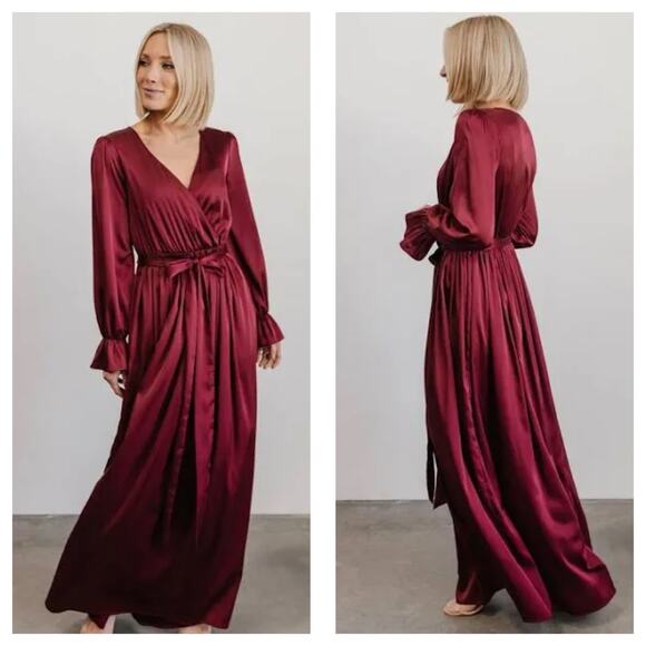 NWT Baltic Born Holly Satin Maxi Dress Size Large Burgundy Long Sleeve Wedding - Picture 1 of 14